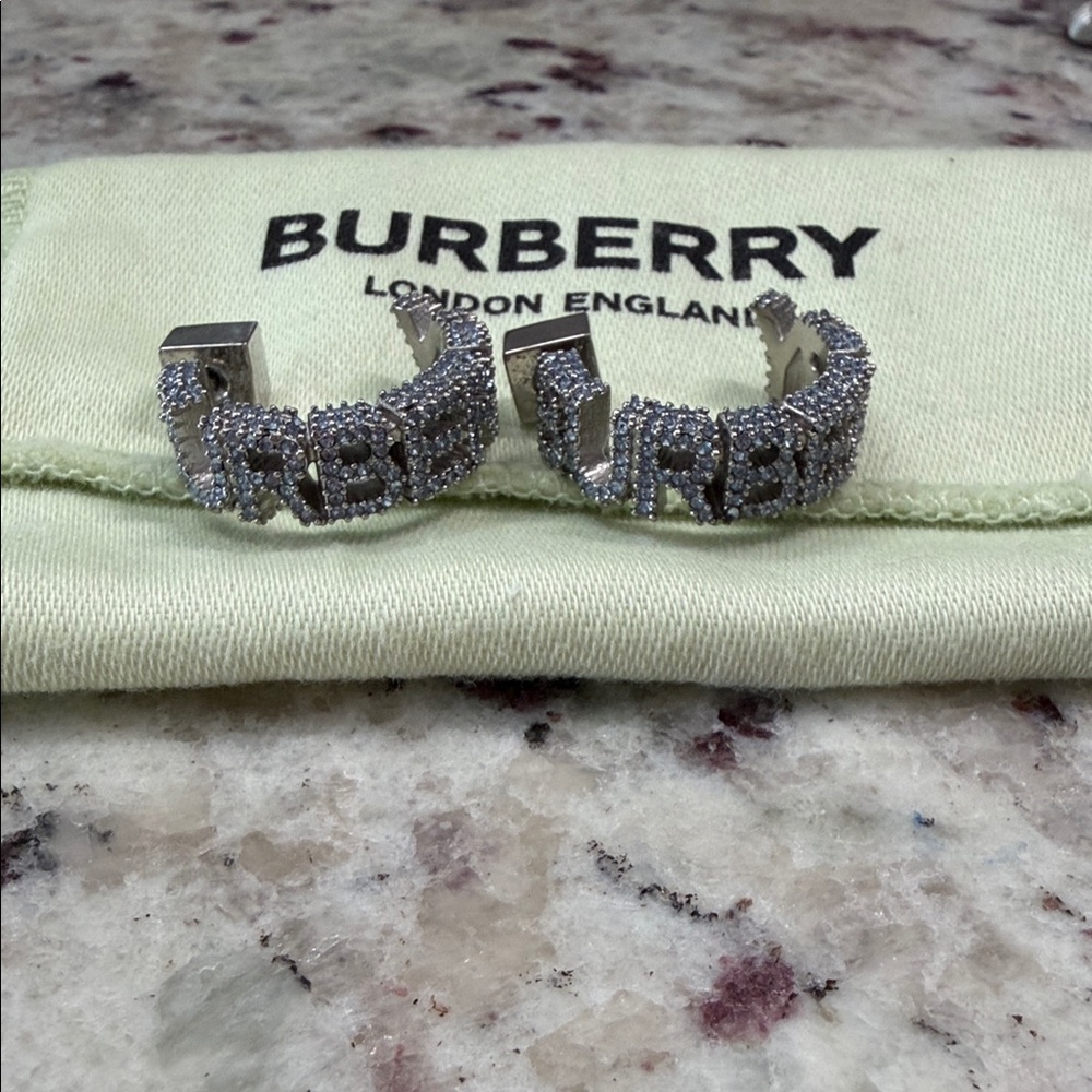 Burberry Silver Pave Crystal Logo Hoop Earrings